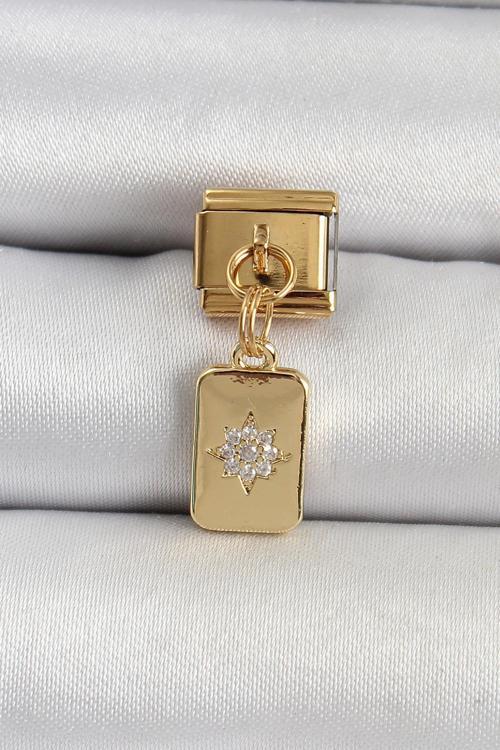 Çelik Sallantılı Zirkon Taşlı Kutup Yıldızı Figürlü Dikdörtgen Model Gold Renk Nomination Charm