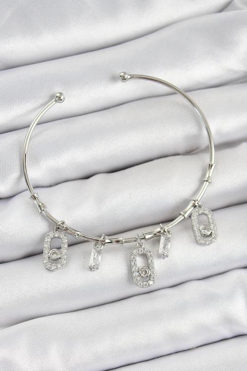 Pirinç Zirkon Taşlı Dikdörtgen Model Gümüş Renk Charm Bileklik