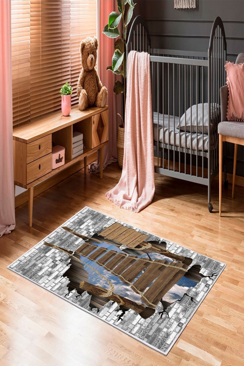 Makinede Yıkanabilir Leke Tutmaz Multi Pvc Deri Kaymaz Taban Tasarım Çocuk Saçaksız Halı H7049