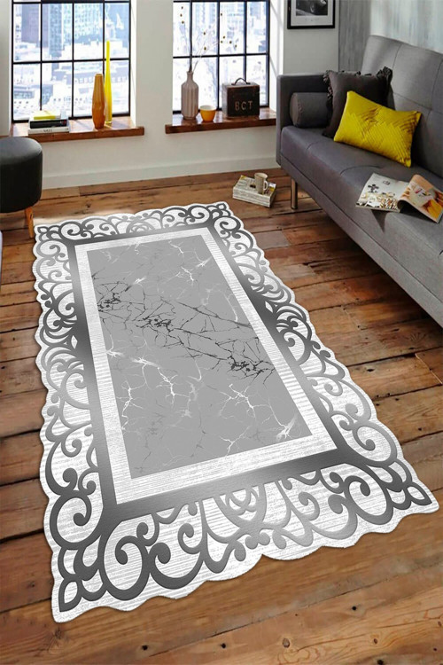 Makinede Yıkanabilir Leke Tutmaz Gri Pvc Deri Kaymaz Taban Lazer Kesim Salon-Hol Saçaksız Halı L800