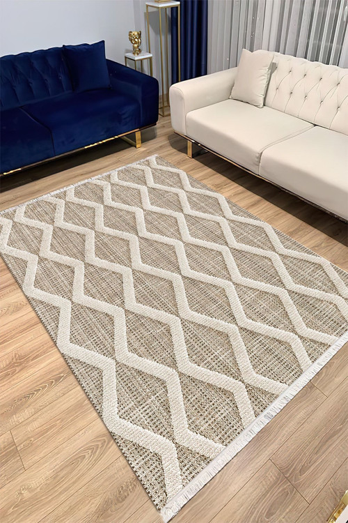 Makinede Yıkanabilir Leke Tutmaz Krem Pvc Deri Kaymaz Taban Simetrik Salon Saçaksız Halı A249