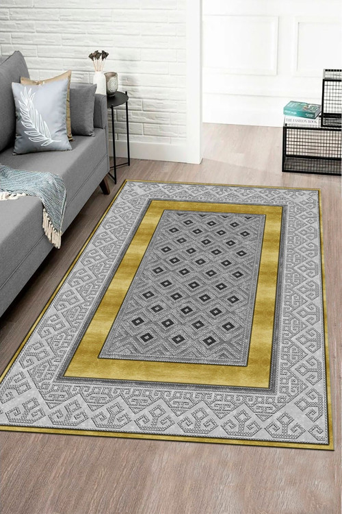 Makinede Yıkanabilir Leke Tutmaz Gri-Gold Modern Çerçeve Desen Halı B1305