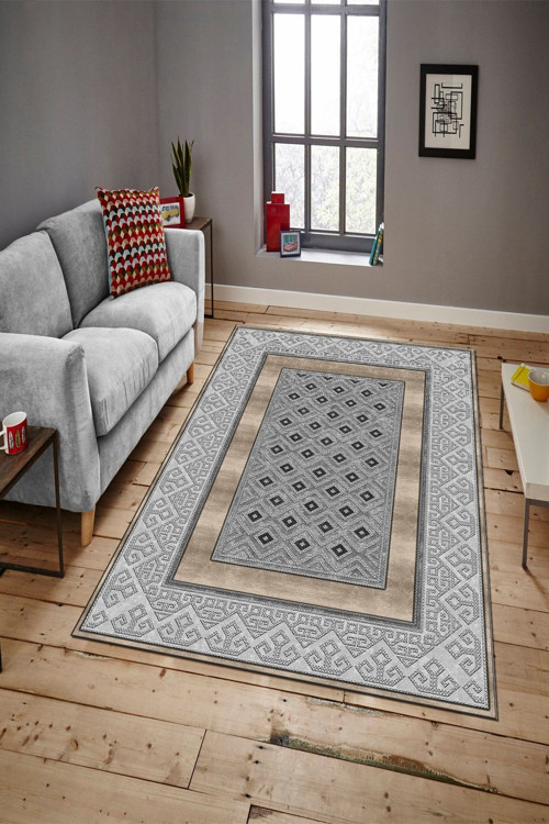 Makinede Yıkanabilir Leke Tutmaz Gri-Gold Modern Çerçeve Desen Halı B1305