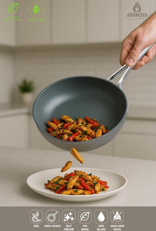 Sera Nova Yanmaz Yapışmaz Seramik Wok Tava 28 cm – Gri