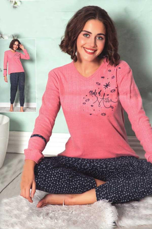 Kadın Yıldız Baskı Uzun Kol Manşetli Pijama Takımı (8233)