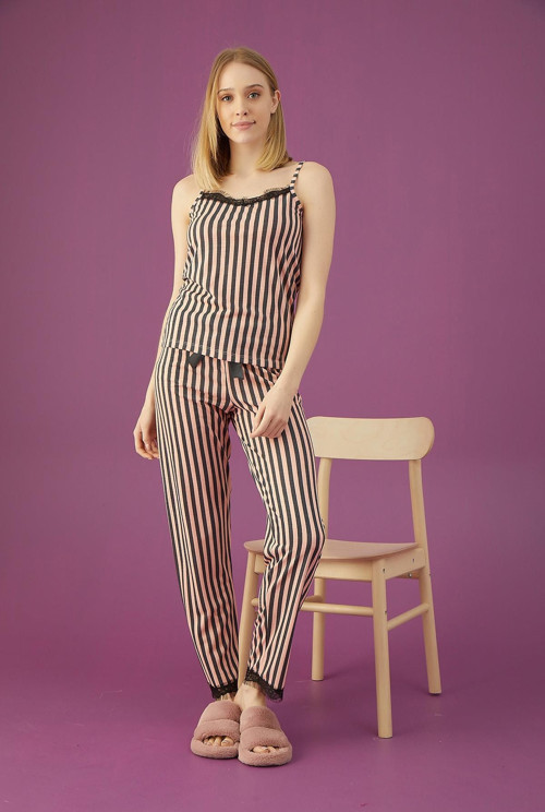 Bayan Çizgili İp Askılı Pijama Takımı (3501-10)