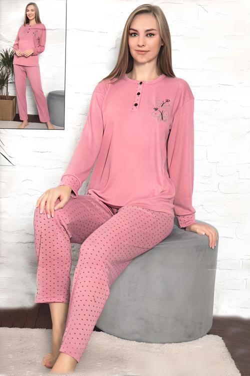 Kadın Kelebek Baskı 3 Düğme Uzun Kol Pijama Takımı (6804)