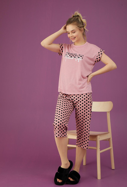 Bayan Puantiye Baskı Kapri Pijama Takımı (3201-19)