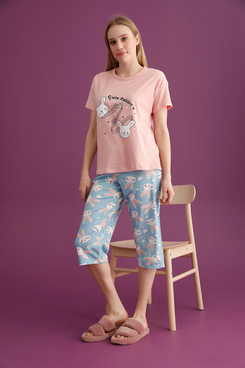 Bayan Tavşan Baskılı Kapri Pijama Takımı (2201-11)