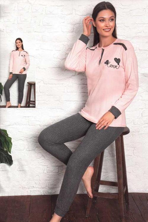 Kadın Love İnterlok Uzun Kol  Manşetli Pijama Takımı (8212)