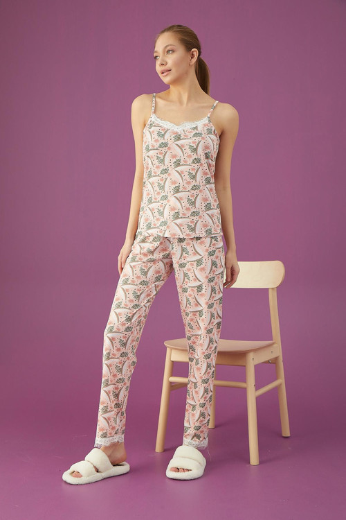 Bayan Yaprak Desen İp Askılı Pijama Takımı (3501-8)