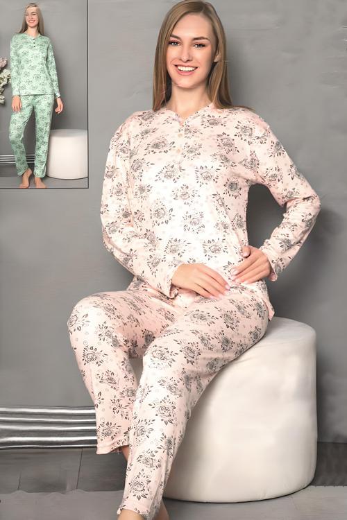 Kadın Gül Baskı 3 Düğme Uzun Kol Pijama Takımı (6806)