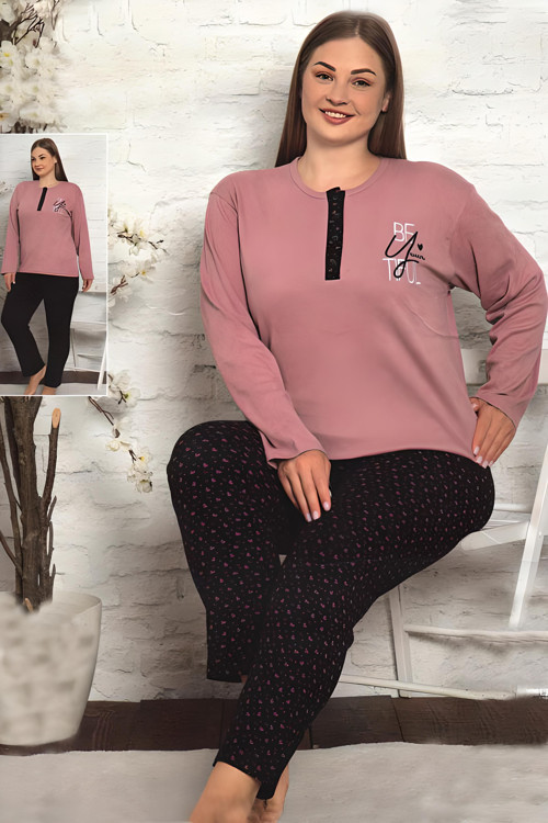 Kadın Büyük Beden Betiful 3 Düğme İnterlok Pijama Takımı (8401)