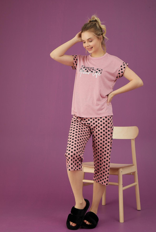 Bayan Puantiye Baskı Kapri Pijama Takımı (3201-19)
