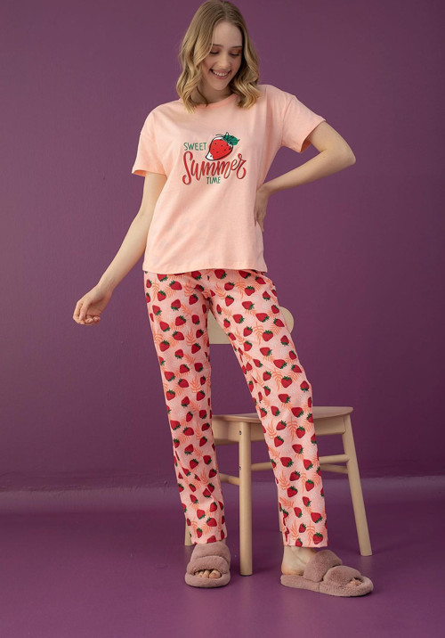 Bayan Çilek Baskılı Kısa Kollu Pijama Takımı (2101-43)