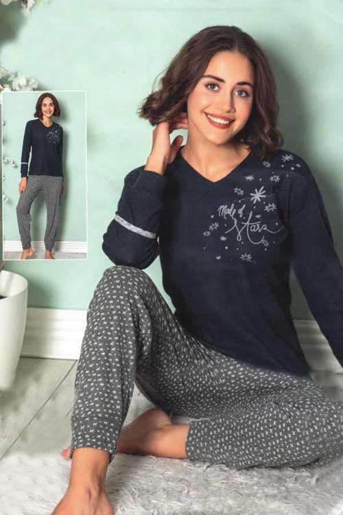 Kadın Yıldız Baskı Uzun Kol Manşetli Pijama Takımı (8233)