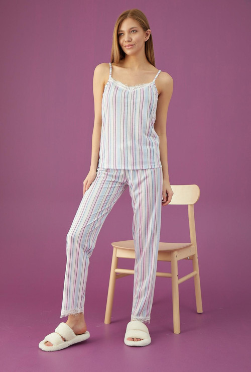 Bayan Kalın Çizgili İp Askılı Pijama Takımı (3501-14)