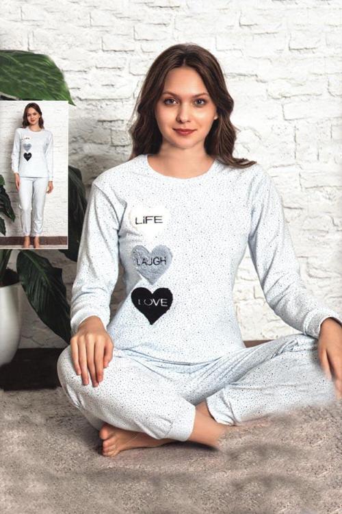 Kadın Puantiyeli Kalp Baskı İnterlok Uzun Kol Manşetli Pijama Takımı (8240)