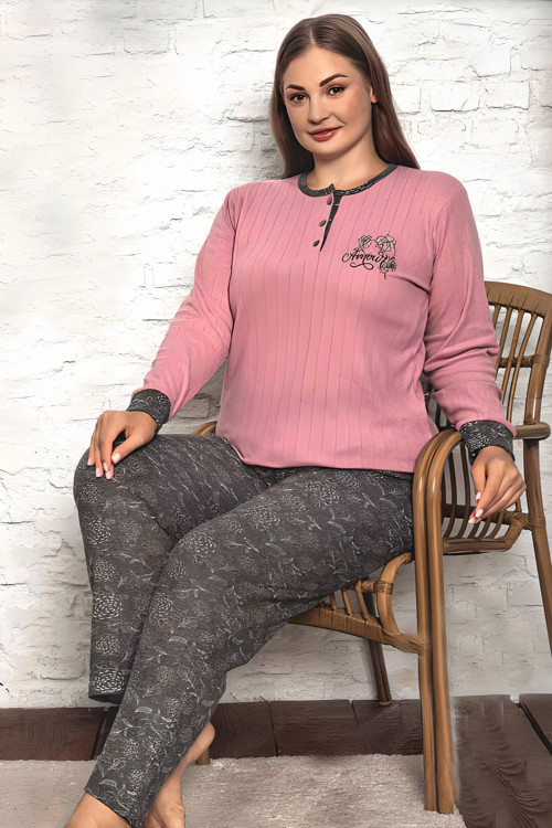 Kadın Büyük Beden Gül Desen 3 Düğme İnterlok Pijama Takımı (8459)