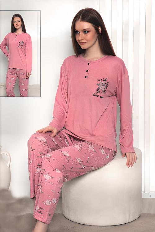 Kadın Love Rose İki Düğme Pijama Takımı (6802)