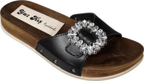 YAZKIŞ Kadın Siyah Bej Kırmızı Tek Taş Tokalı Mantar taban Terlik