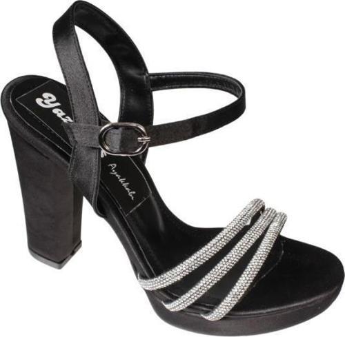 YAZKIŞ Kadın Siyah Gümüş Saten 3Bantlı Taşlı 10cm Kalın Topuk 2cm platform Topuk Abiye Ayakkabı