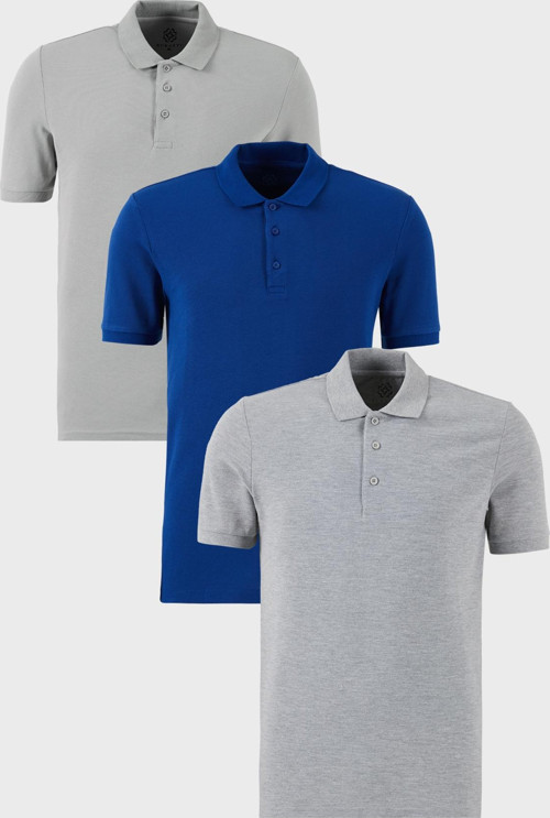 Pamuklu Regular Fit Düğmeli Polo Yaka 3'lü Paket Erkek T Shirt 5902127S3 Gri Melanj-Saks-Kül