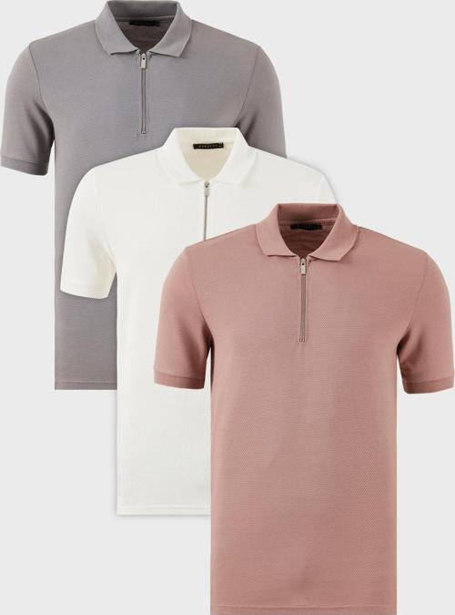 Pamuklu Regular Fit Yarım Fermuarlı 3'lü Paket Erkek Polo Yaka T Shirt 5902915S3 Pudra-Beyaz-Kül