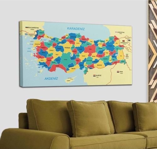 Türkiye Haritası Kanvas Tablo Sınır Komşulu Eğitici Ve Öğretici Dekoratif Tablo 3103