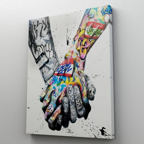 Graffiti El Duvar Posteri, El Ele Tutarak Duvar Sanatı Kanvas Tablo