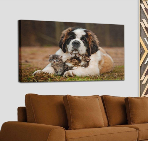 St. Bernard Köpek Ve Yavru Kediler Dekoratif Kanvas Tablo 1124