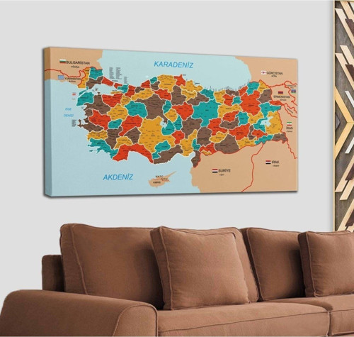 Türkiye Haritası Kanvas Tablo Il Ve Ilçeli Ayrıntılı Eğitici-Öğretici Komşulu Dekoratif Tablo 3010