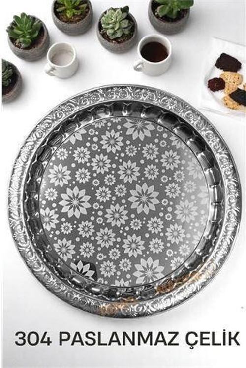 Servis Tepsisi - Çelik Çay Tepsisi  Şık Desenli Tepsi 36 CM