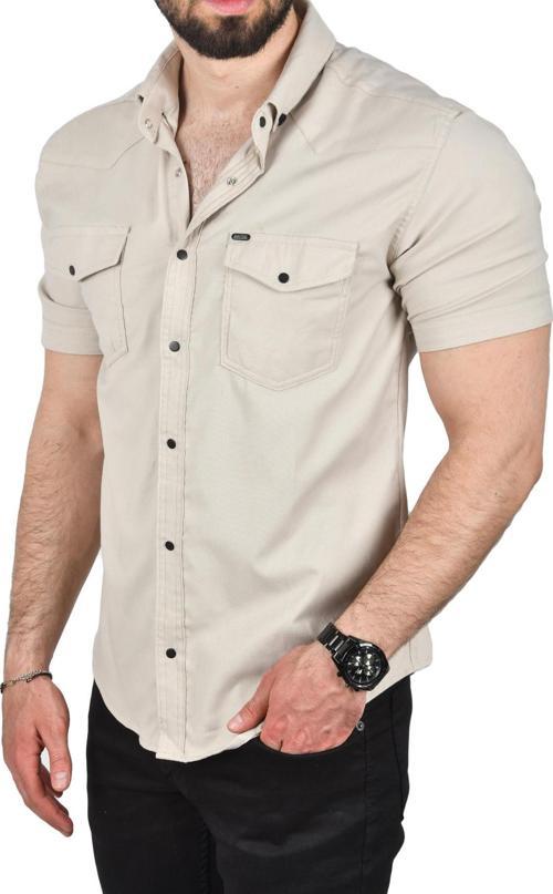 Erkek Bej Slim Fit Pamuklu Likralı Kısa Kol Gömlek Kolay Ütülenebilir Çıt Çıtlı Cepli Spor Gömlek 2400253