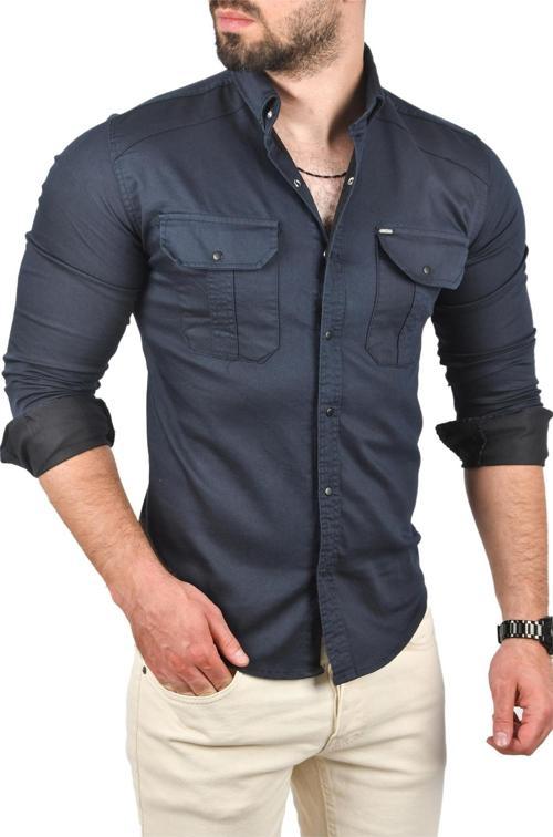 Erkek Lacivert Slim Fit Kolay Ütülenebilir Pamuklu Spor Gömlek Likralı Kot Gömlek 2502505