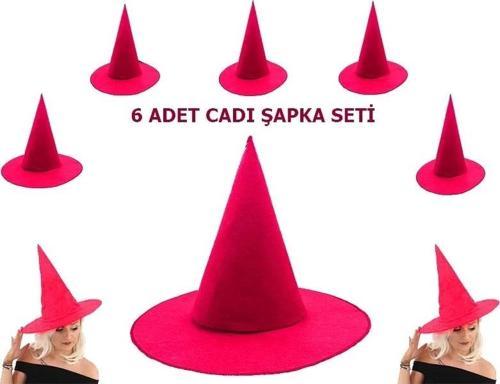 Pembe Fuşya Renk Keçe Cadı Şapkası Yetişkin Çocuk Uyumlu 6 Adet