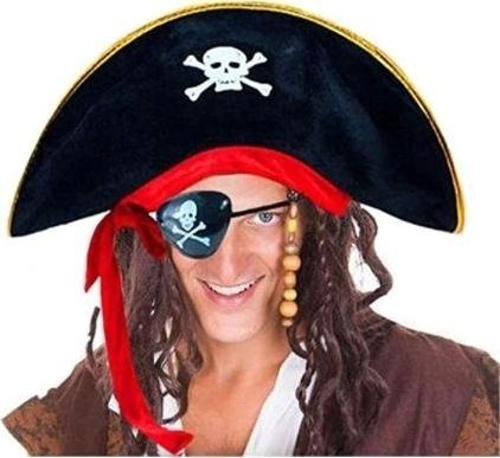 Yetişkin Boy Kadife Kaptan Jack Sparrow Korsan Şapkası Ve Plastik Korsan Göz Maskesi