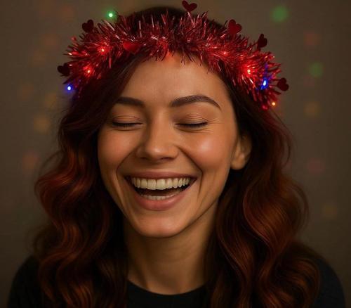Kalp Püsküllü Gece Parıltısı 3 Modlu Led39li Işıklı Taç Kırmızı Renk