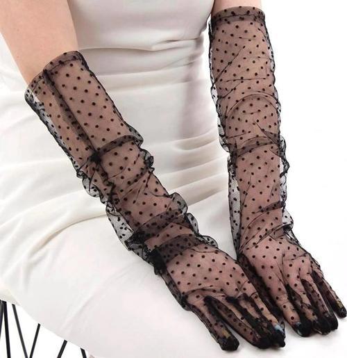 Uzun Boy Siyah Puantiyeli Siyah Renk Yetişkin Tül Eldiven 55 Cm