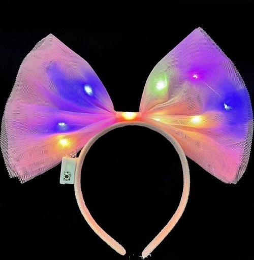 Rengarenk Led Işıklı Fiyonk Şekilli Tül Parti Tacı Pembe Renk 25x25 Cm