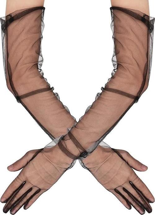 Uzun Boy Likralı Siyah Renk Yetişkin Mega Tül Eldiven 53 Cm