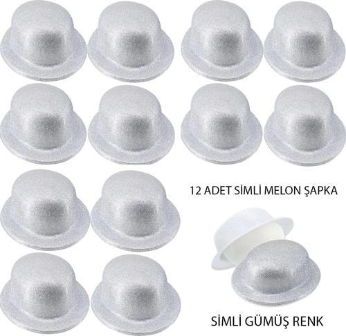 Gümüş Renk Simli Melon Yulak Parti Şapkası 12 Adet