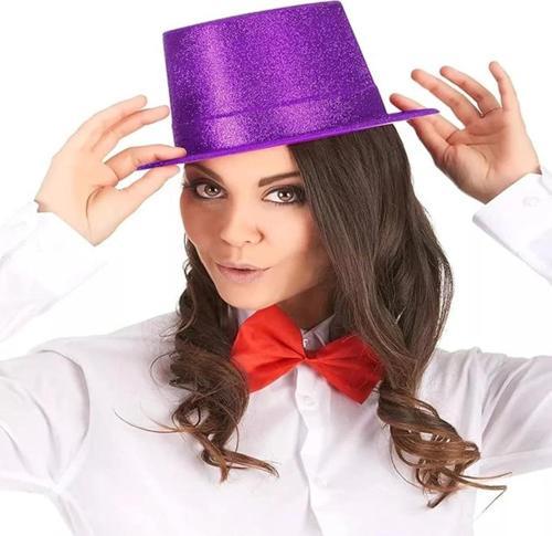 Koyu Mor Renk Violet Parıltılı Simli Fötr Silindir Parti Şapkası