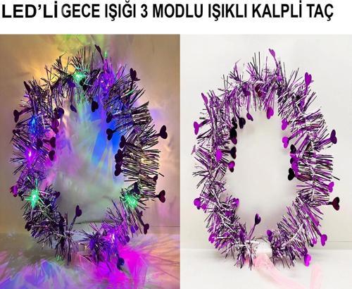 Kalp Püsküllü Gece Parıltısı 3 Modlu Led39li Işıklı Taç Mor Renk