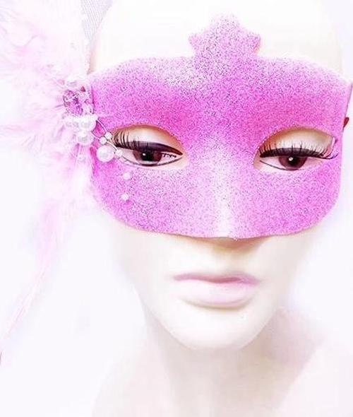 Sim İşlemeli İnci Boncuk Detaylı Tüylü Balo Maskesi Pembe Renk 13x18 Cm