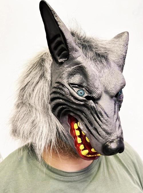 Kafaya Tam Geçmeli Lateks Mavi Gözlü Dişli Ağzı Açık Kurt Maskesi