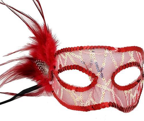 Kırmızı Renk Yandan Tüylü Pul Payet İşlemeli Parti Maskesi 23x12 Cm