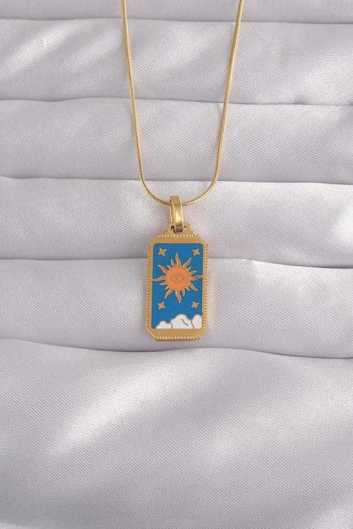 Çelik Gold Renk Mavi Mineli Güneş Model Tarot Kolye