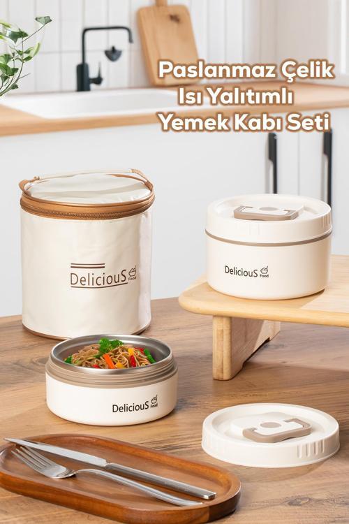 3113 Isı Yalıtımlı Çanta Paslanmaz Çelik 2 Parça Vakumlu Yemek Termosu Beslenme Kutusu Taşınabilir Lunch Box Sefer Tası