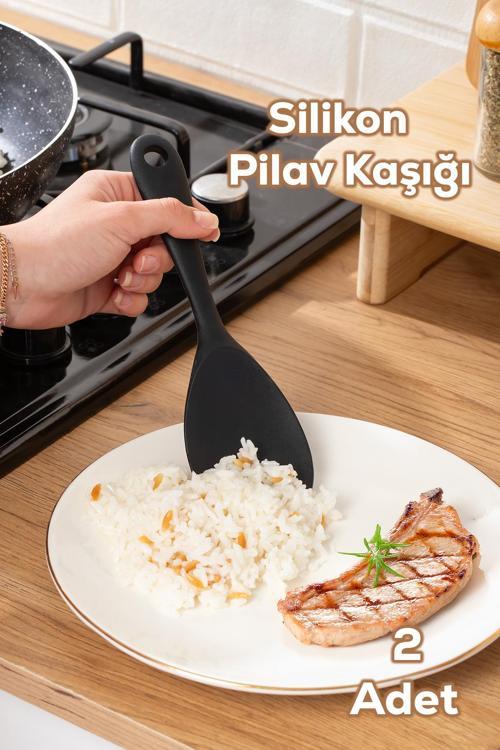 5262 Sert Uçlu Silikon Pilav Kaşığı Dayanıklı Yanmaz Yapışmaz Çizmez Pilav Kepçe Kaşığı Siyah 2 Adet 22cm